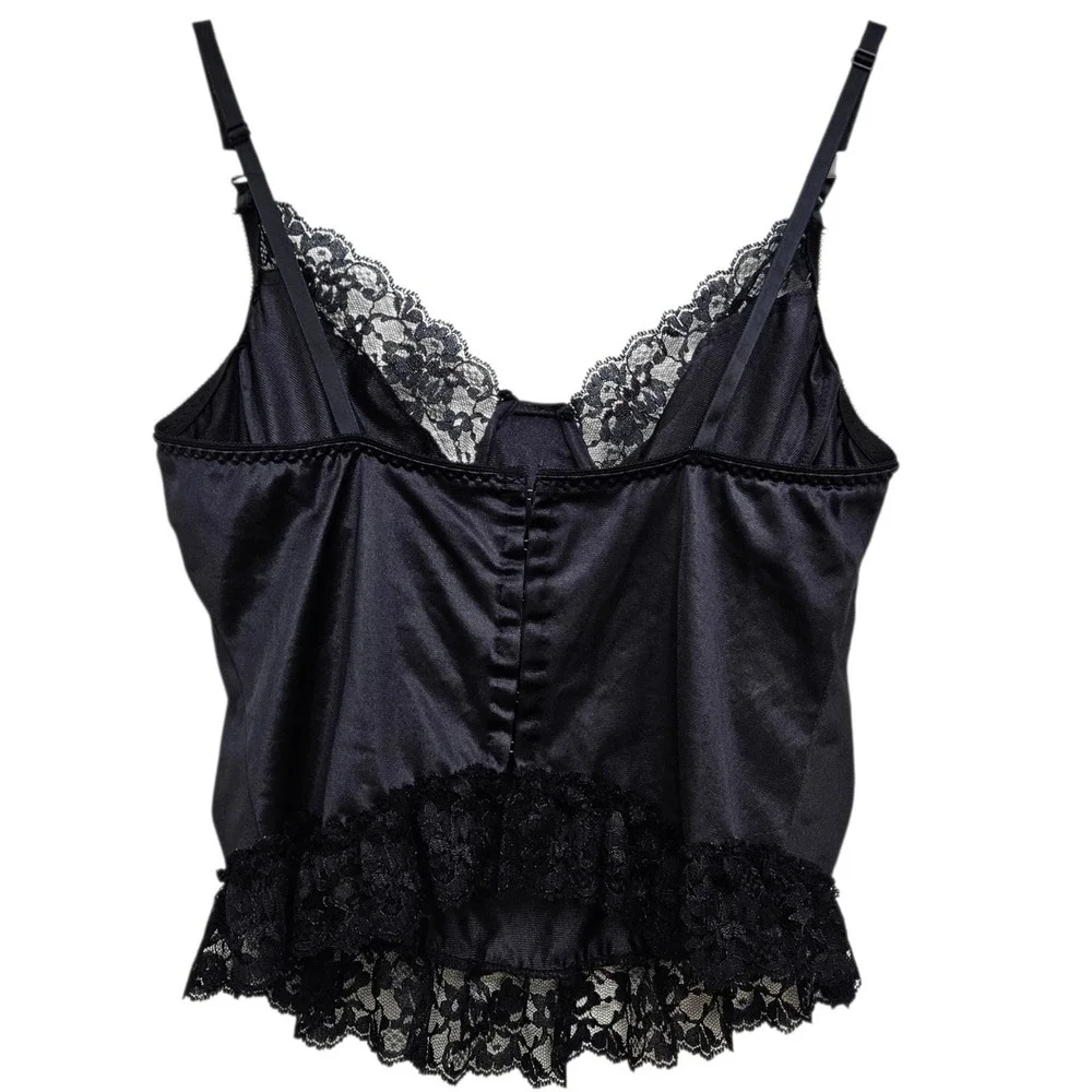 Vintage‎ 90 Camisole L Black Satin Lace Rosette Lingerie Layered Goth Whimsigoth - Picture 2 of 8